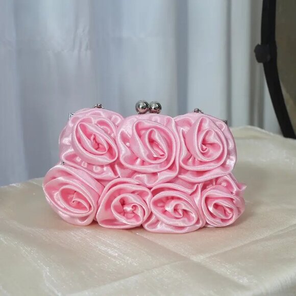 Prom / Wedding Pink Satin Roses Party Clutch Purse w/Rhinestone Handle & Chain - Picture 8 of 11